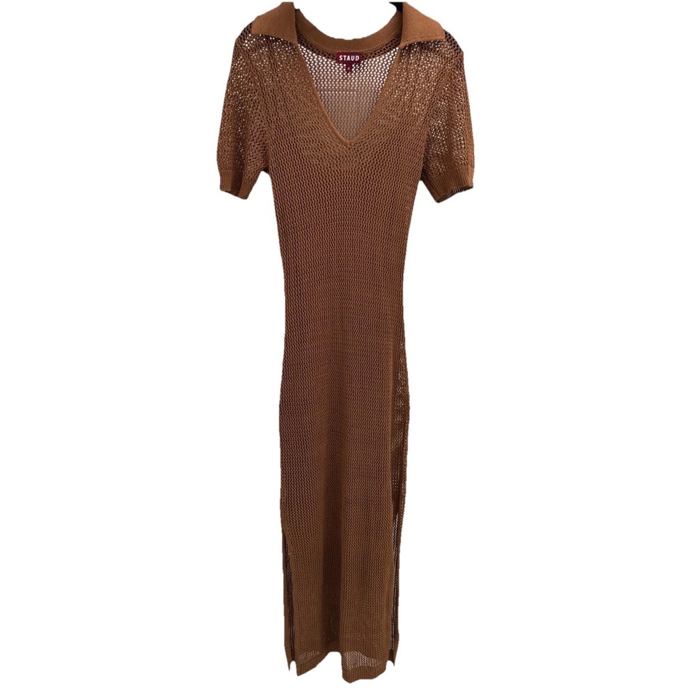 STAUD Oceane Crochet Maxi Dress Copper Bodycon Minimalist  Size M $350 Sold Out